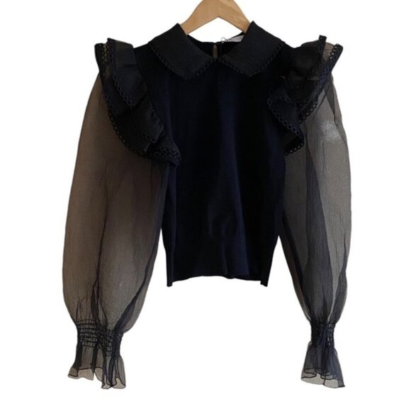 Zara Contrast Organza Sweater Small Puff Sheer Sleeves Collar Witchy Goblin Goth - Picture 16 of 16